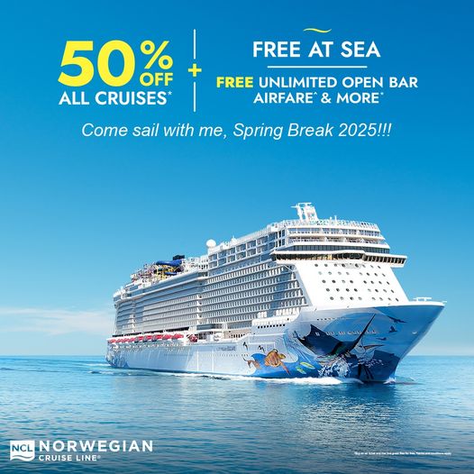 NCL is having their biggest sale of the year, 50% off ALL cruises!  Plus receive…